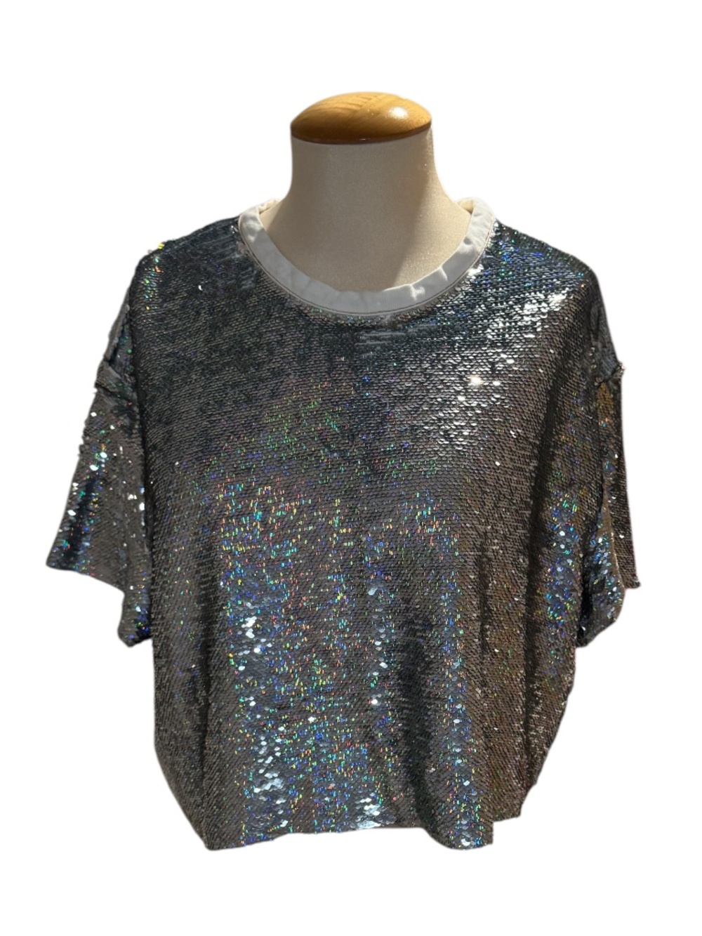 IRO holographic metallic flip sequin boxy fit t-shirt top - size small